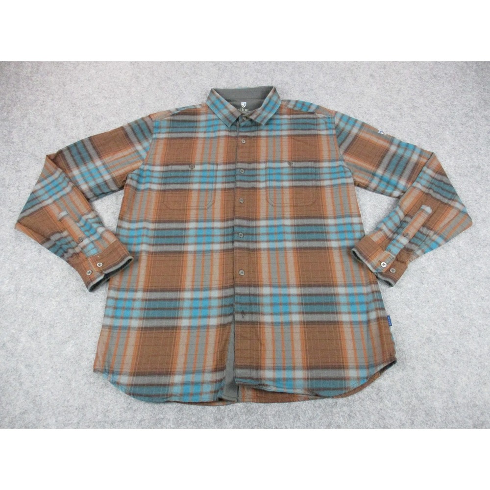 Kuhl Shirt Mens Large Brown Blue Plaid Fugitive Flannel Button Up Hiking